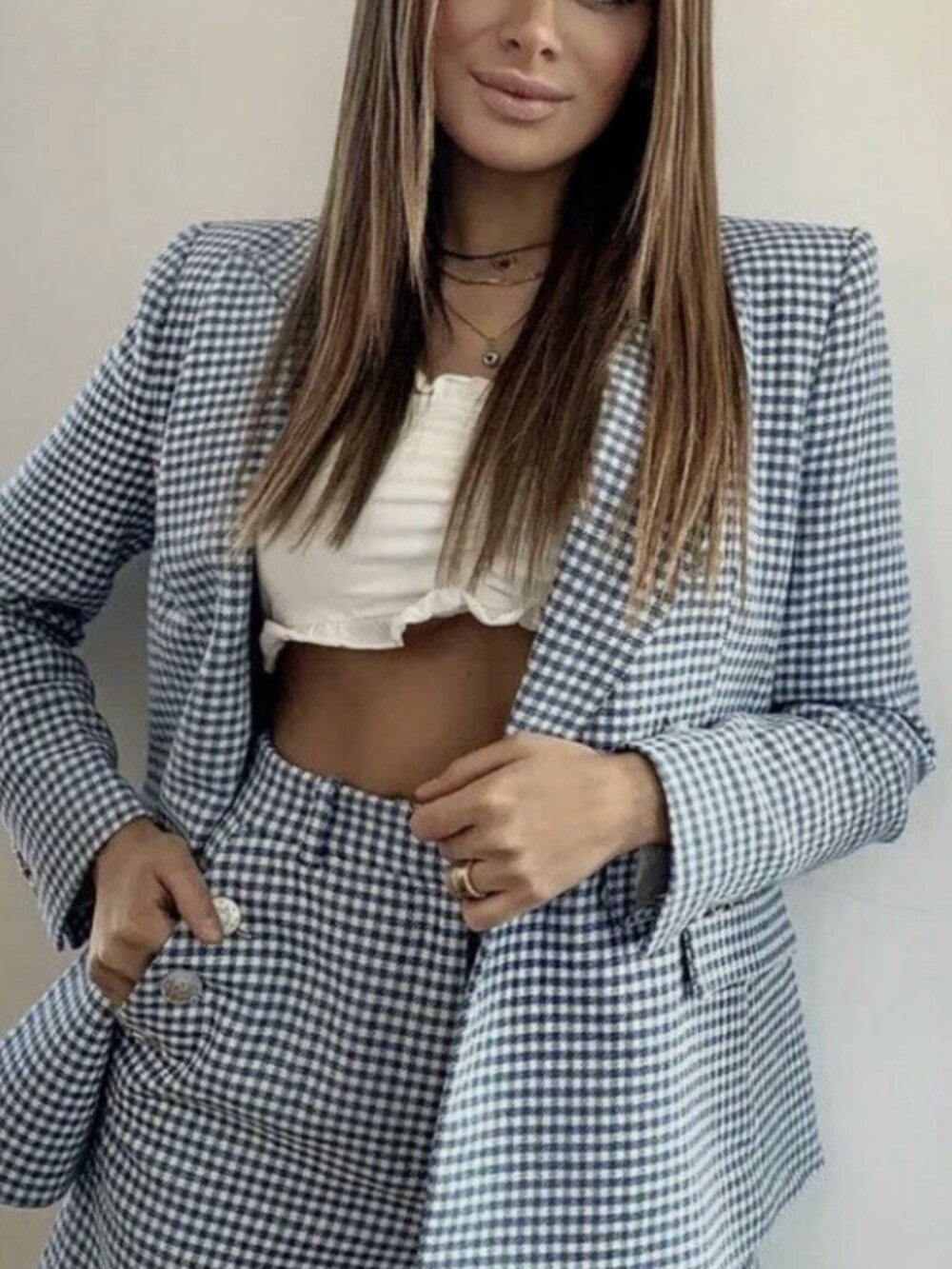 Zara Navy Blue & Ecru Houndstooth Double-Breasted Blazer Size Medium - Picture 1 of 5